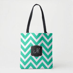 Turquoise and White Chevron Stripes with Monogram Tote Bag