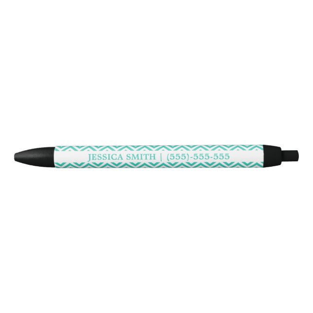 Turquoise And White Chevron With Custom Text Black Ink Pen (Front)