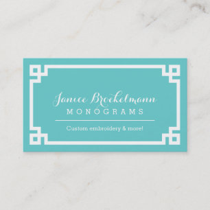 Turquoise and White Chic Greek Key Border Business Card