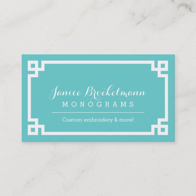 Turquoise and White Chic Greek Key Border Business Card (Front)