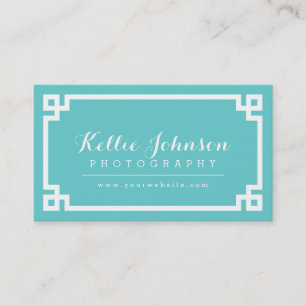 Turquoise and White Chic Greek Key Border Business Card