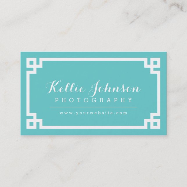 Turquoise and White Chic Greek Key Border Business Card (Front)