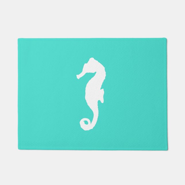 Turquoise And White Coastal Decor Seahorse Doormat (Front)