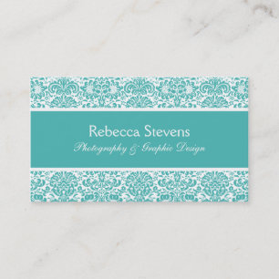 Turquoise and White Damask Business Card