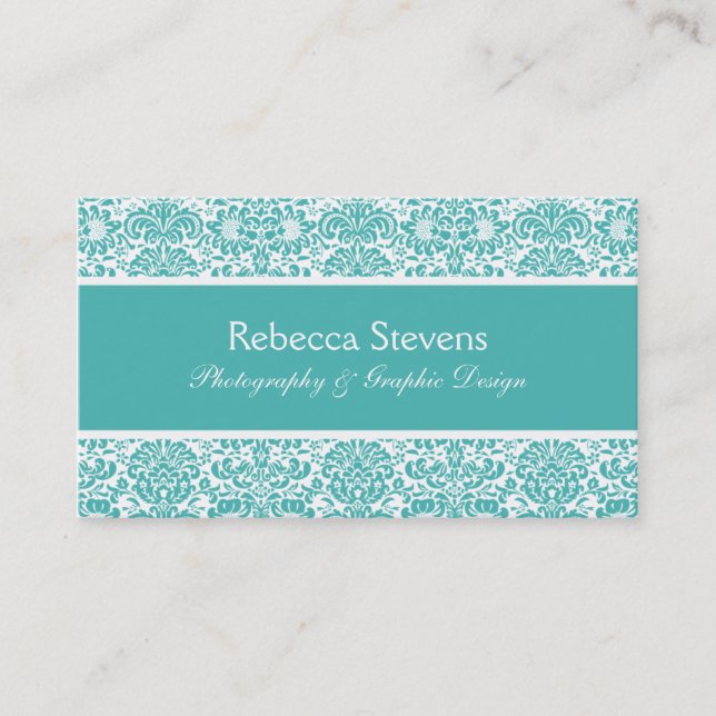 Turquoise and White Damask Business Card (Front)