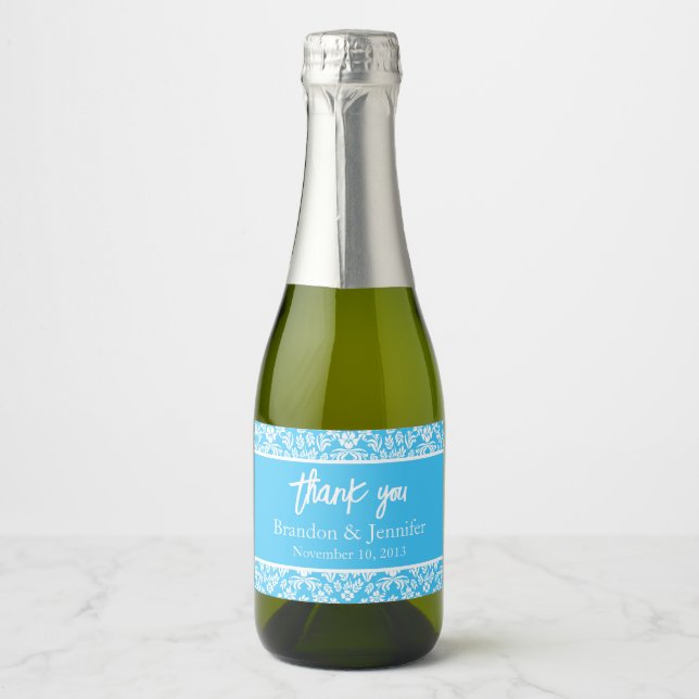 Turquoise and White Damask Custom Wedding Sparkling Wine Label (Front)
