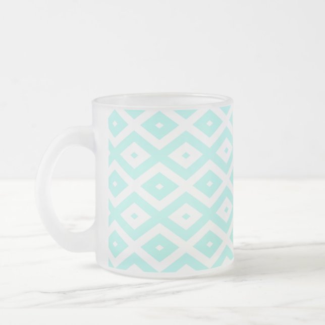 Turquoise and white diamond pattern frosted glass coffee mug (Left)