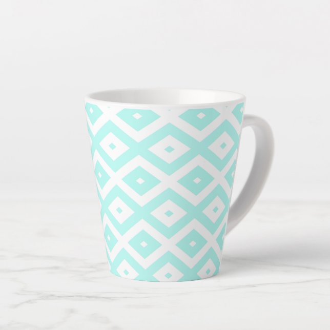 Turquoise and white diamond pattern latte mug (Right Angle)