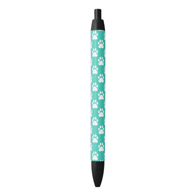 Turquoise And White Dog Paws Pattern Black Ink Pen (Front Vertical)