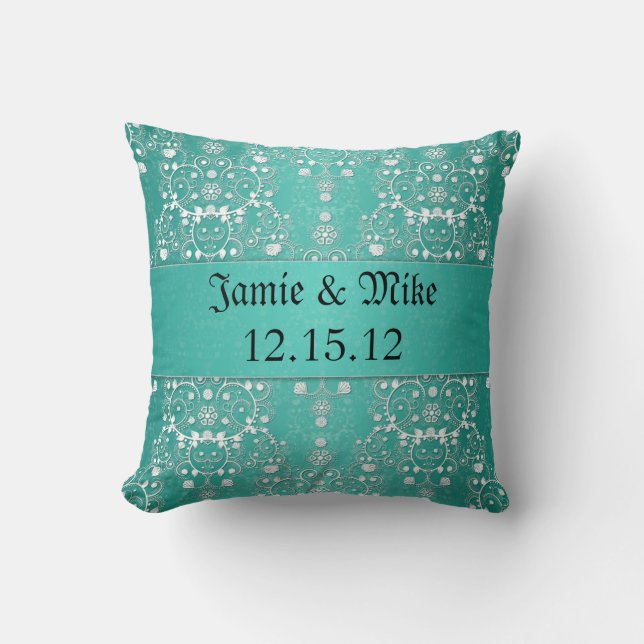 Turquoise and White Floral Damask Cushion (Front)