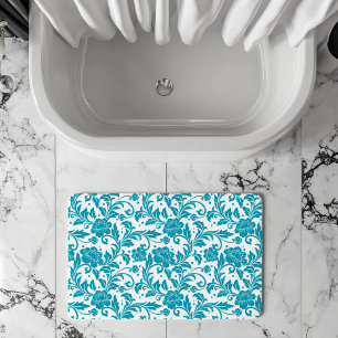 Turquoise and White Floral Damask Pattern Bath Mat