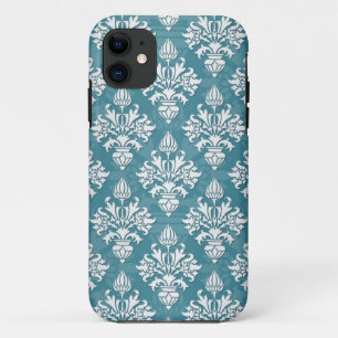 Turquoise and White Floral Damask Pattern iPhone 11 Case