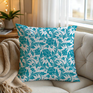 Turquoise and White Floral Damask Pattern Cushion