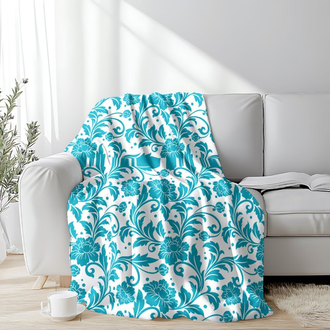 Turquoise and White Floral Damask Pattern Fleece Blanket (Creator Uploaded)