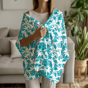 Turquoise and White Floral Damask Pattern Sherpa Blanket