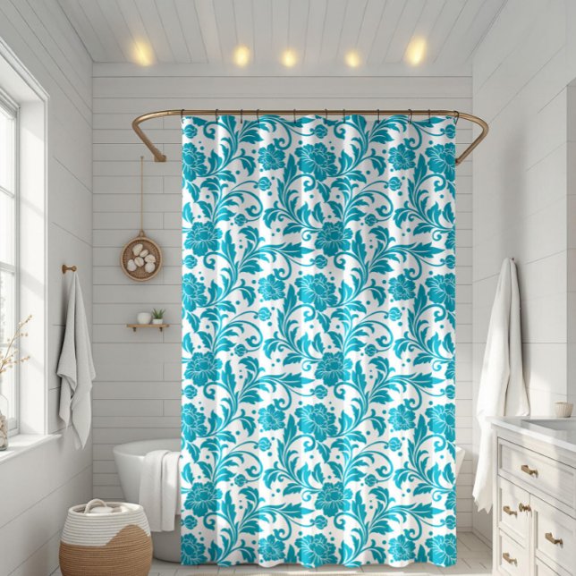 Turquoise and White Floral Damask Pattern Shower Curtain (Creator Uploaded)