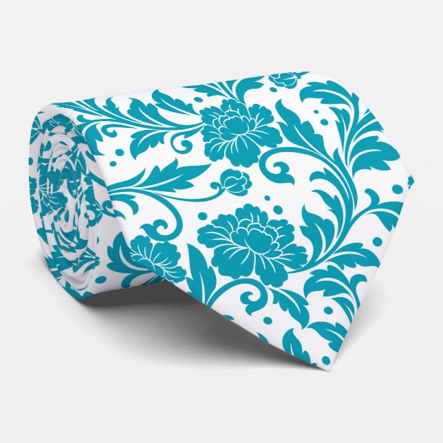 Turquoise and White Floral Damask Pattern Tie (Rolled)