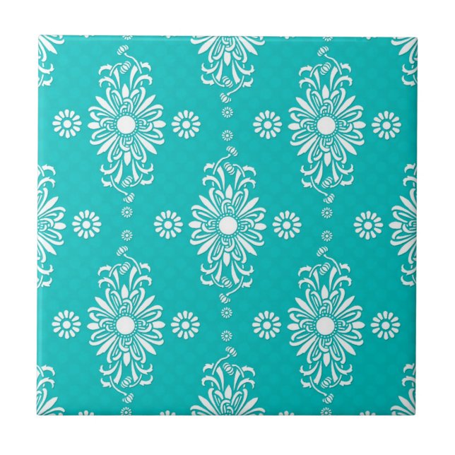 Turquoise and White Floral Pattern Tile (Front)
