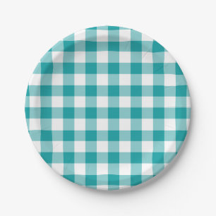 Turquoise and White Gingham Pattern Paper Plate