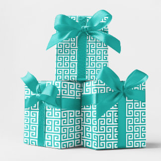 Turquoise and White Greek Key Pattern Wrapping Paper Sheet