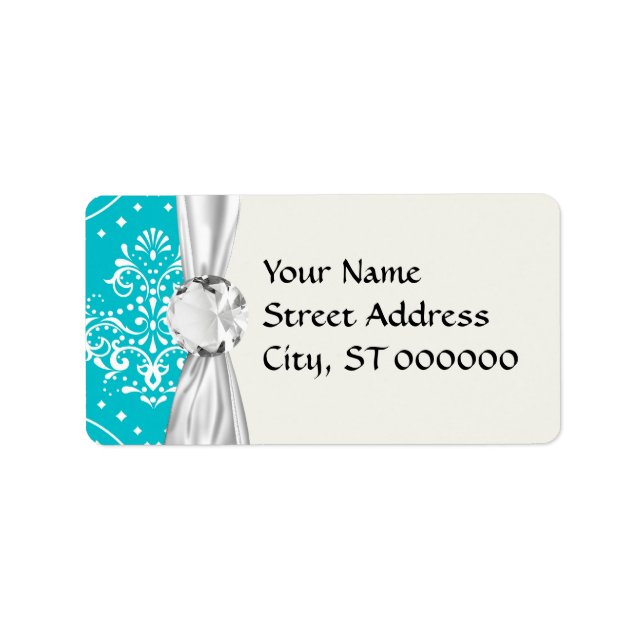turquoise and white henna style damask label (Front)