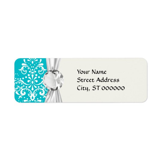 turquoise and white henna style damask return address label