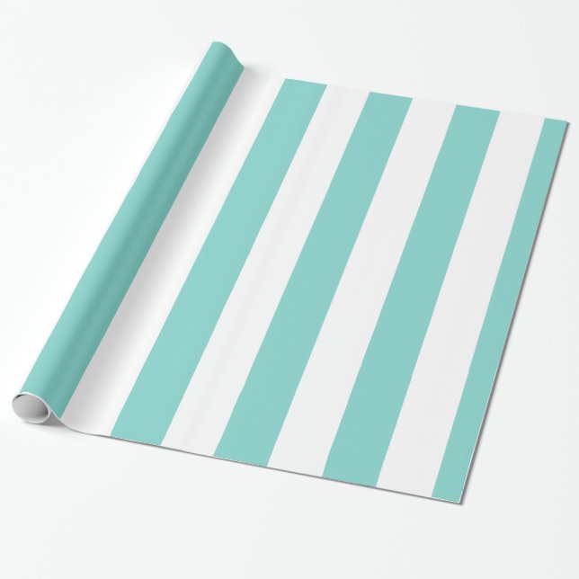 Turquoise and White Huge Stripe Pattern Wrapping Paper (Unrolled)