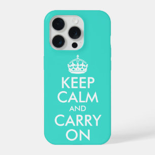 Turquoise and White Keep Calm and Carry On iPhone 15 Pro Case