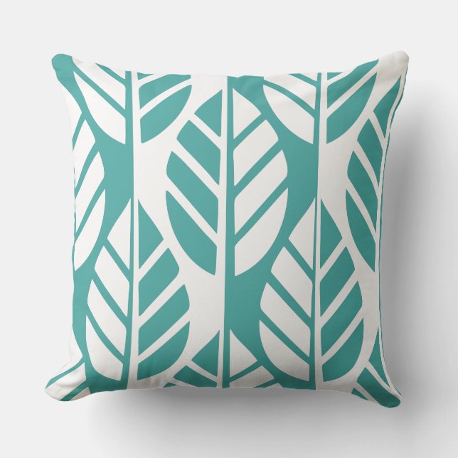 Turquoise and White Leaves Pattern Cushion (Front)