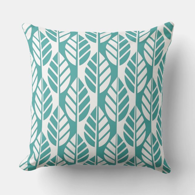 Turquoise and White Leaves Pattern Cushion (Front)