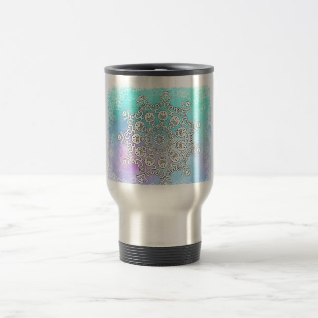 *~* Turquoise and White Mandala Watercolor Travel Mug (Center)