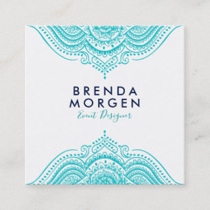 Turquoise and white paisley mandala square business card