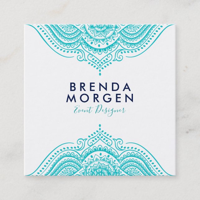 Turquoise and white paisley mandala square business card (Front)