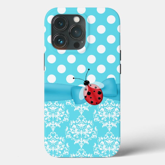 Turquoise and White Patterns and Ladybug Case-Mate iPhone Case (Back)