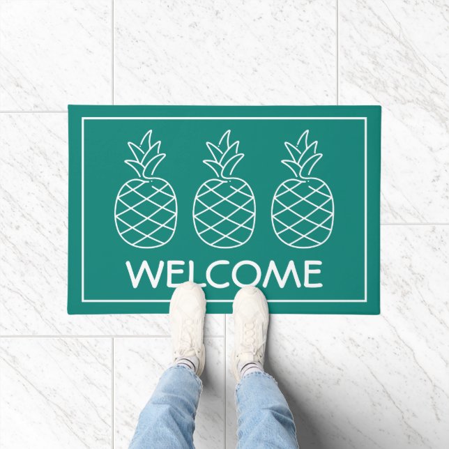 Turquoise and White Pineapples Personalised Doormat (Indoor)
