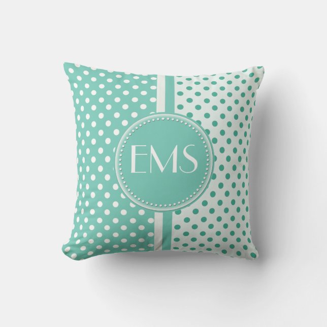 Turquoise and White Polka Dot Monogram Pillow (Front)