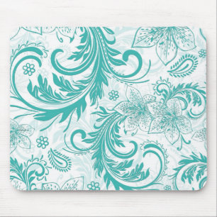 Turquoise And White Retro Flowers & Swirls Design Mouse Mat