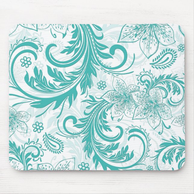 Turquoise And White Retro Flowers & Swirls Design Mouse Mat (Front)