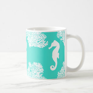 Turquoise And White Seahorse Coastal Pattern Coffee Mug