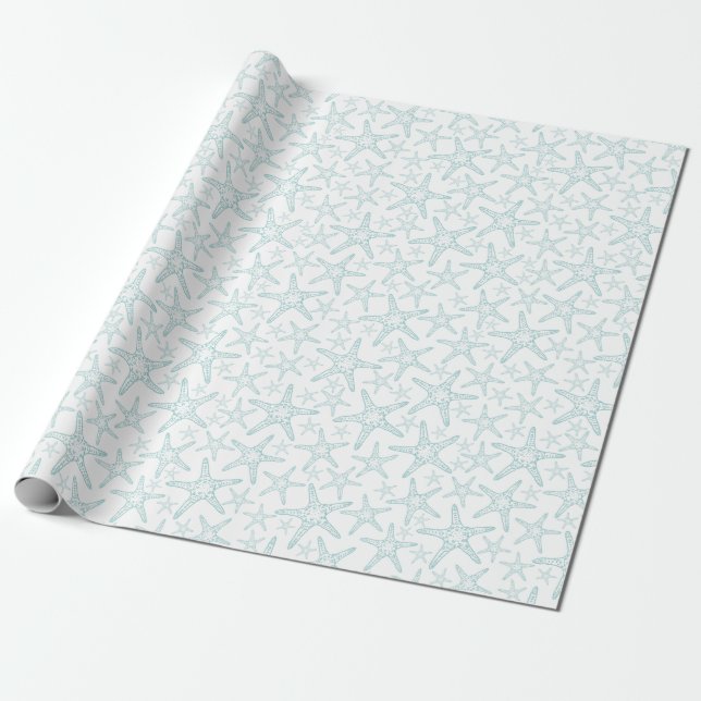 Turquoise and White Starfish Pattern Wrapping Paper (Unrolled)