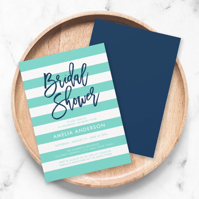 Turquoise and White Stripes Blue Bridal Shower Invitation (Creator Uploaded)