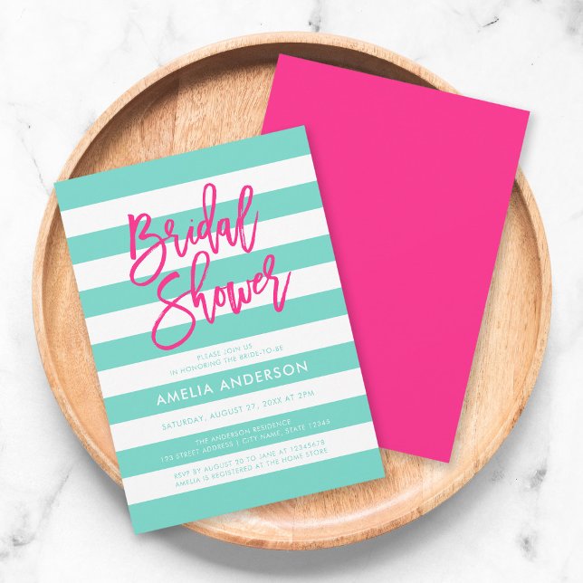 Turquoise and White Stripes Pink Bridal Shower Invitation (Creator Uploaded)