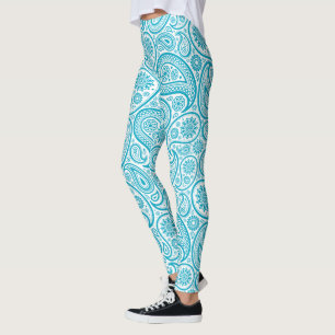 Turquoise and white vintage paisley pattern leggings