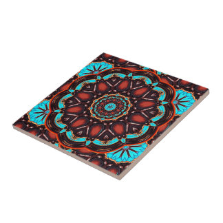 Turquoise and Wood-Look Kaleidoscope Tile