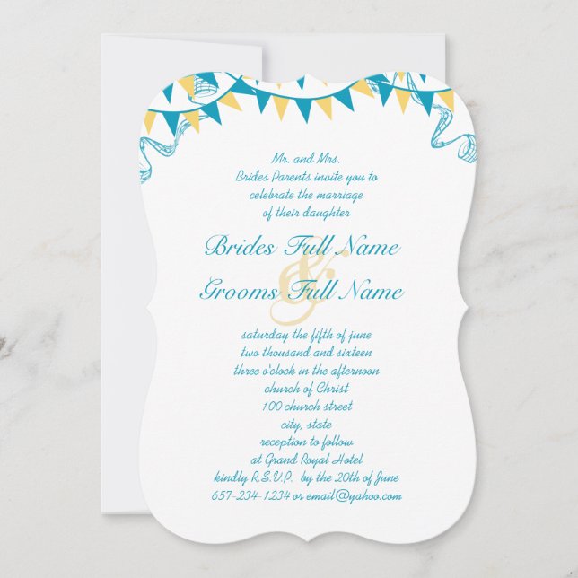 Turquoise and Yellow Bunting Pennant Wedding Invitation (Front)
