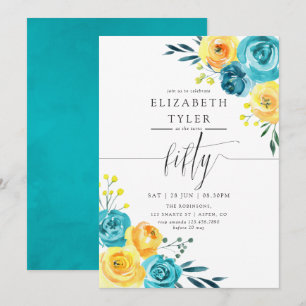 Turquoise and Yellow Floral 50th Birthday Party Invitation