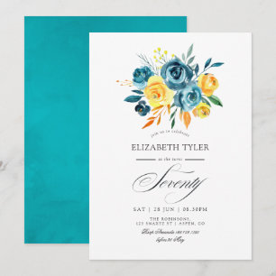 Turquoise and Yellow Floral 70th Birthday Party Invitation