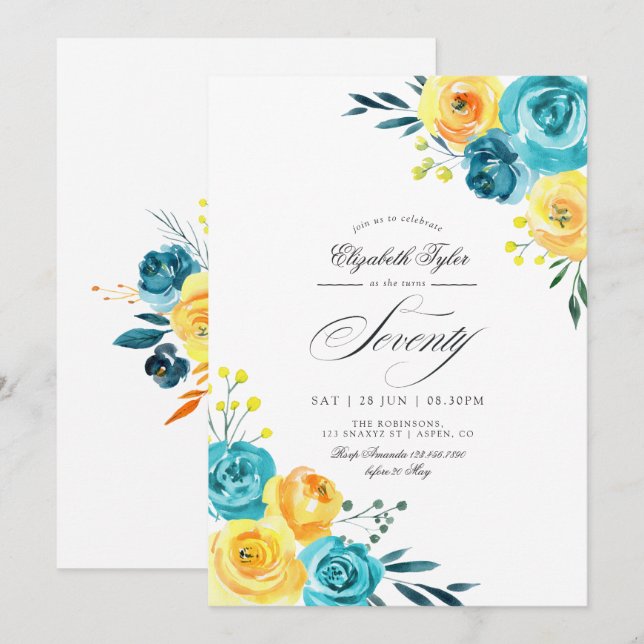 Turquoise and Yellow Floral 70th Birthday Party Invitation (Front/Back)