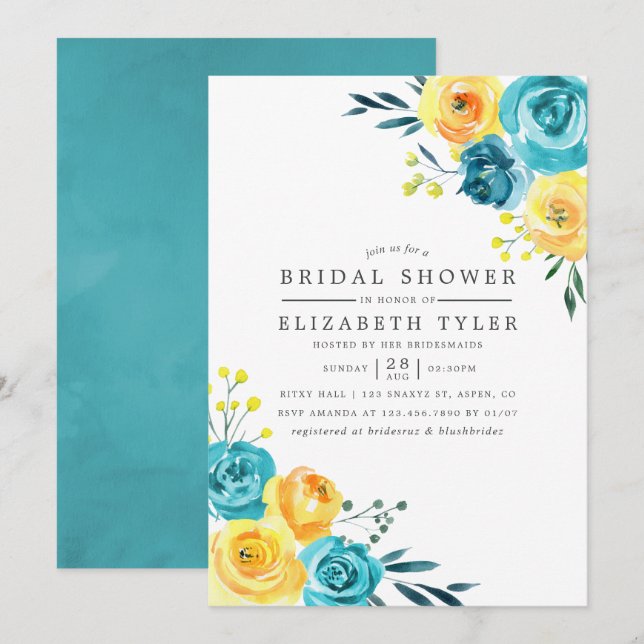 Turquoise and Yellow Floral Bridal Shower invite (Front/Back)