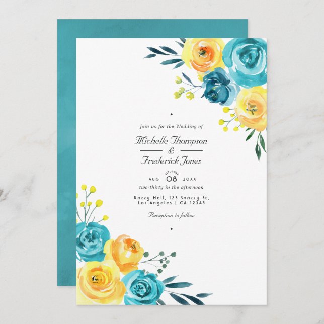 Turquoise and Yellow Floral QR Code RSVP Wedding Invitation (Front/Back)